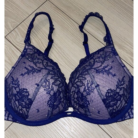 Victorias Secret Push Up Bra Lace Padded Underwire Rhinestones Womens 32D Blue - Picture 3 of 6